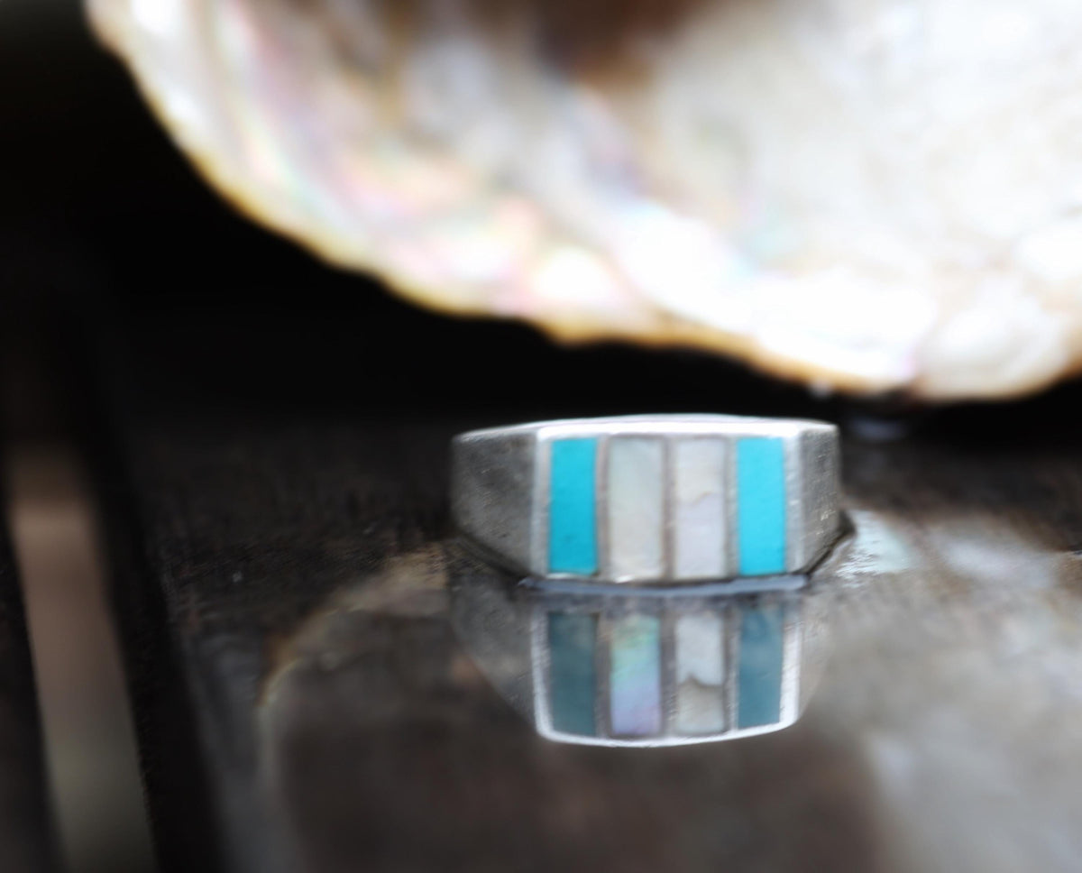 Sterling Silver Turquoise Mother-of-Pearl Inlay Band Ring, Zuni Style, Size 11.75