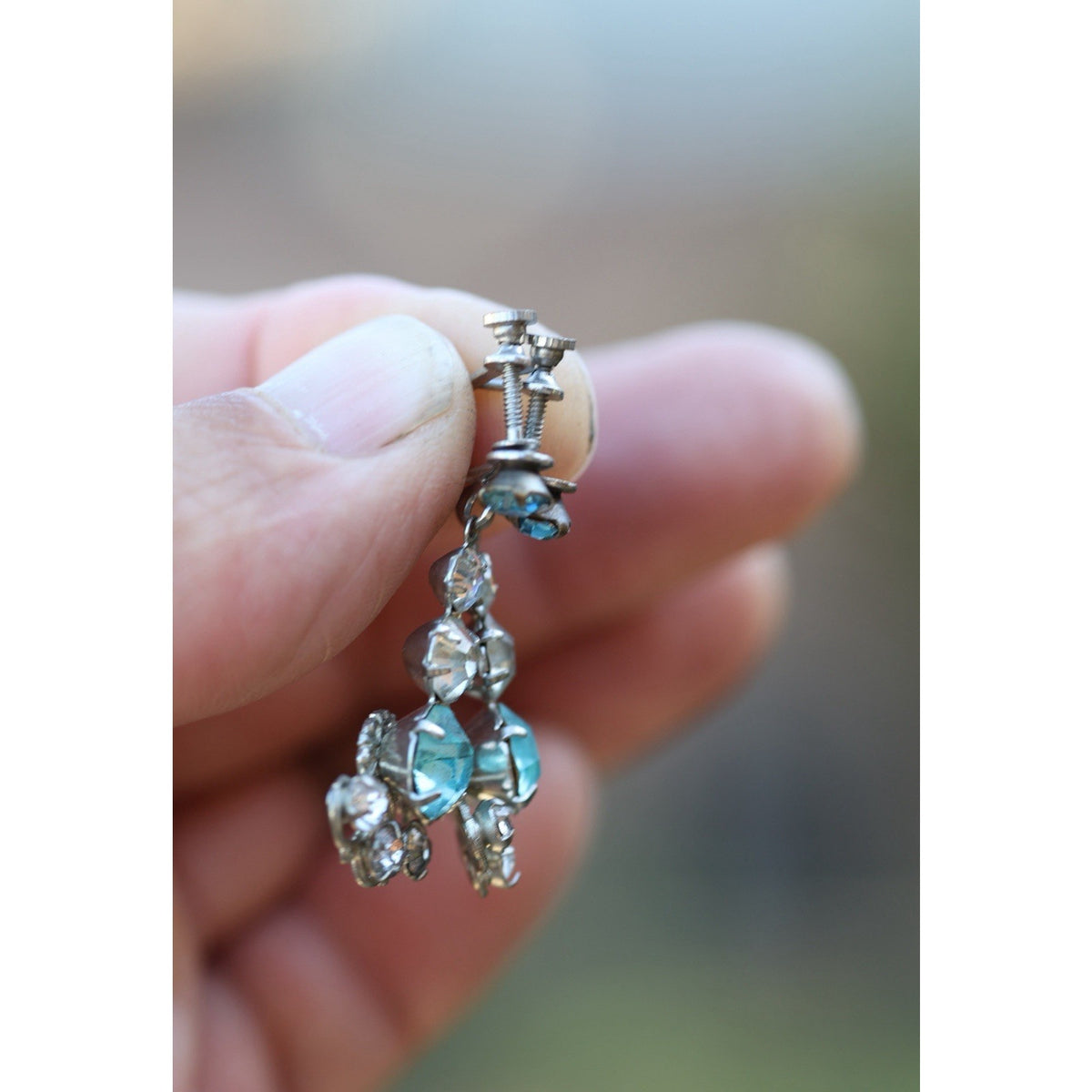 Vintage Aqua Rhinestone Screwback Dangle Earrings Mid Century Silver Tone