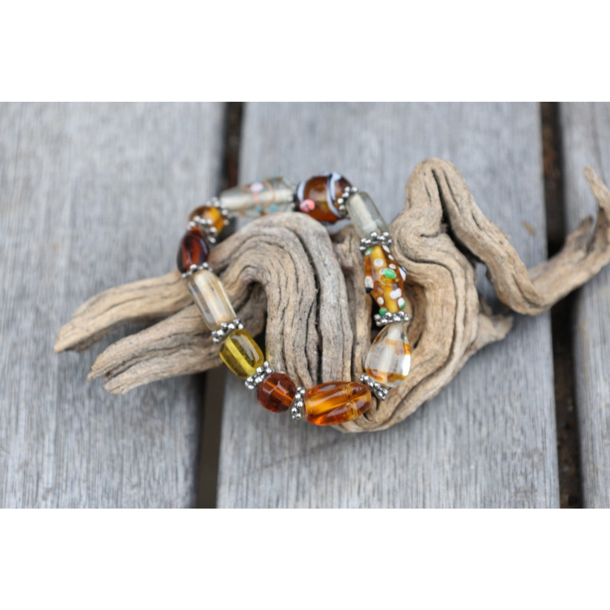 Vintage Lampwork Art Glass Bead Bracelet Amber Millefiori Stretch Boho Statement