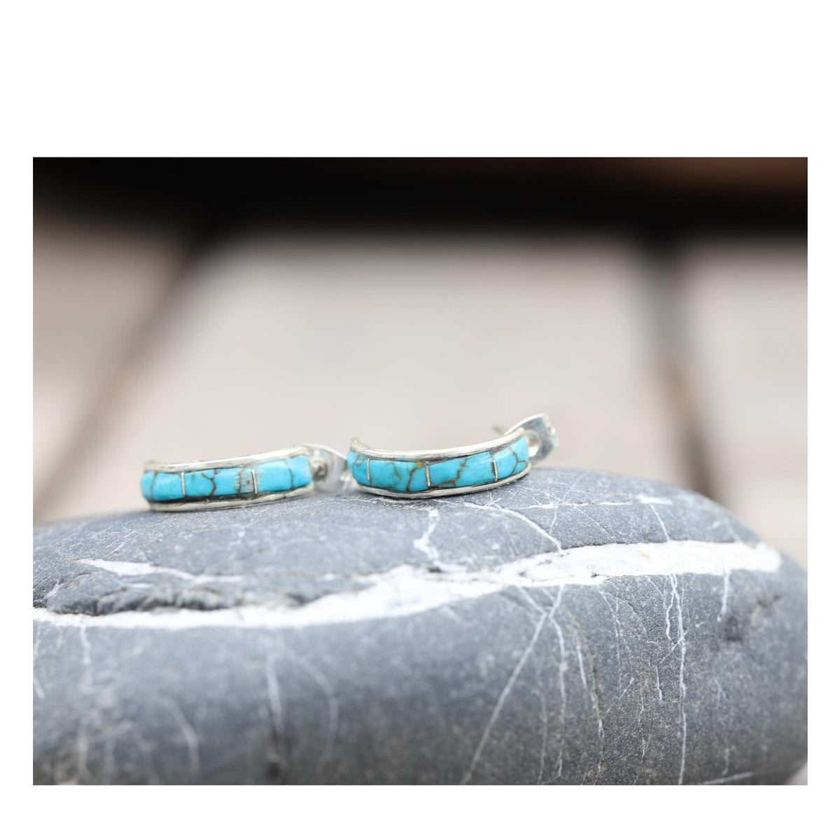 Navajo Sterling Silver Kingman Turquoise Inlay Hoop Earrings, Attributed Debbie Livingston