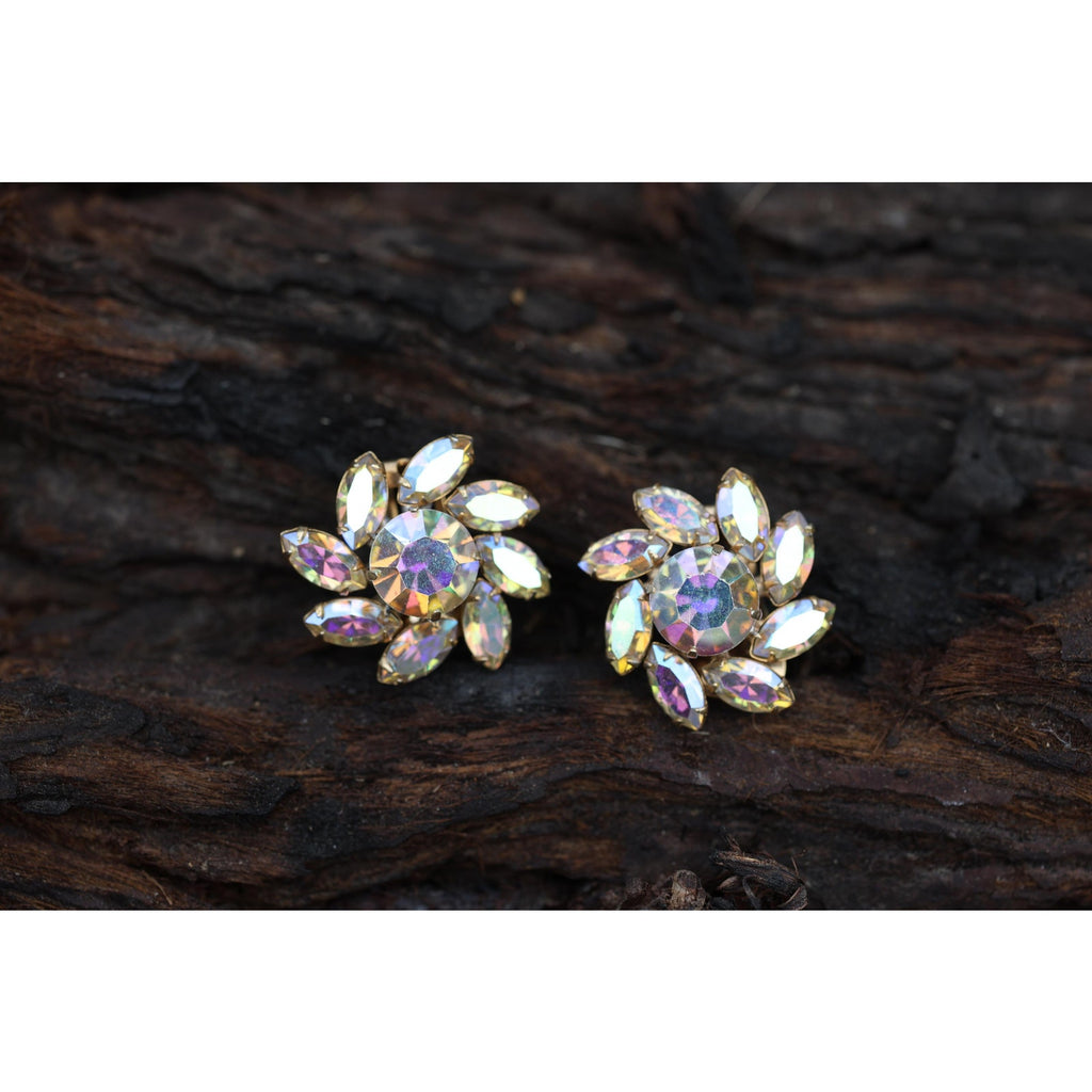 Vintage 1940s Rhinestone Navette Clip Earrings, Aurora Borealis Flower Cluster, Unsigned Estate Jewelry
