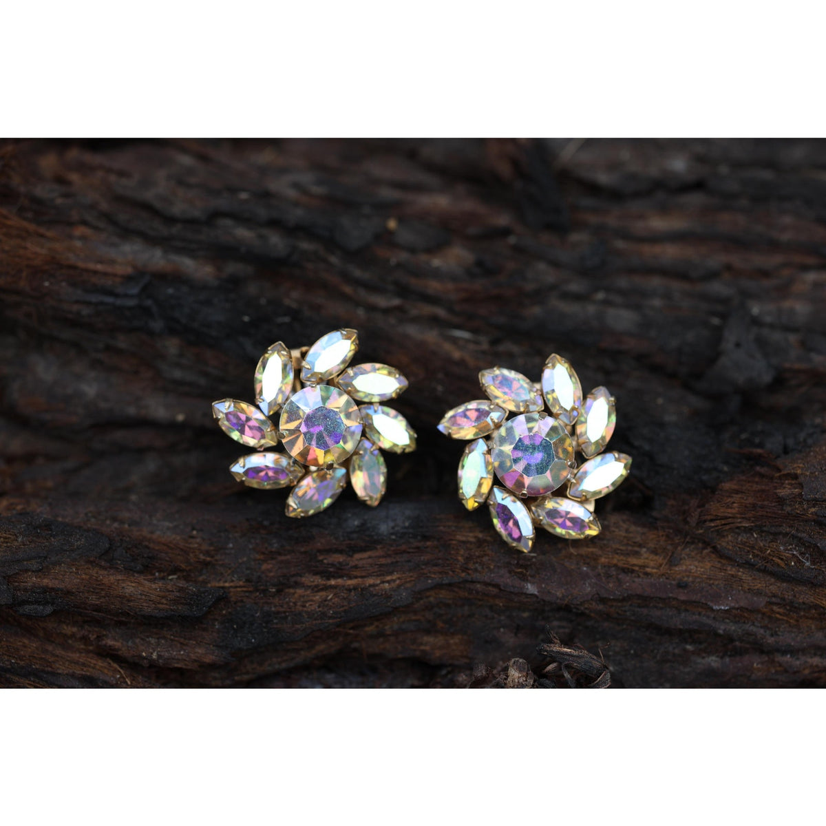 Vintage 1940s Rhinestone Navette Clip Earrings, Aurora Borealis Flower Cluster, Unsigned Estate Jewelry