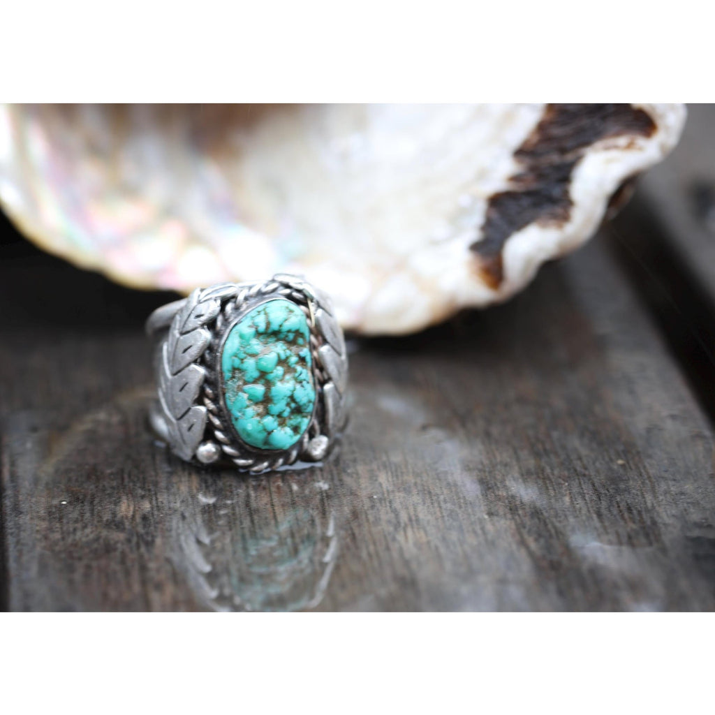Vintage Southwest Sterling Silver Turquoise Leaf Ring Size 10.25 | Heavy 15.6g Men’s Ring | Navajo Style Split Shank | Hand Carved Leaves