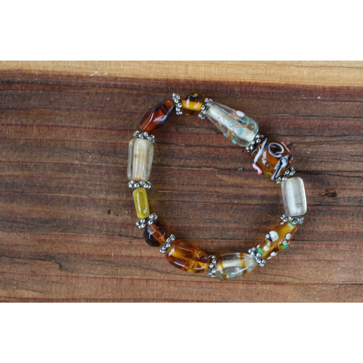 Vintage Lampwork Art Glass Bead Bracelet Amber Millefiori Stretch Boho Statement