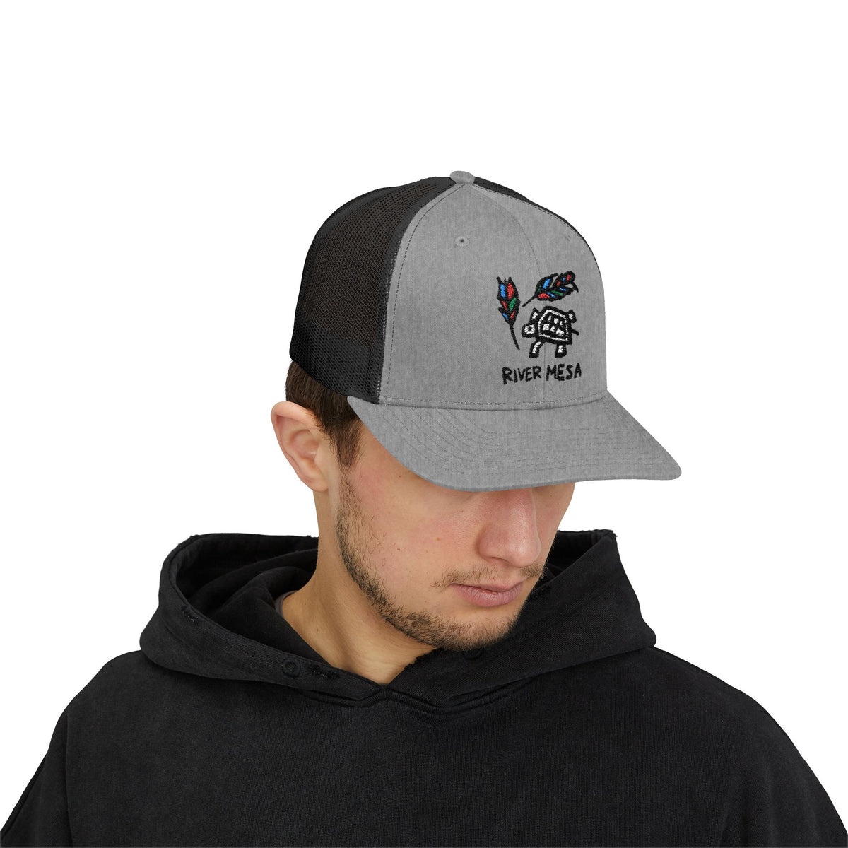 River Mesa Snapback Trucker Cap — Hand-Drawn Turtle & Feathers Embroidered Hat