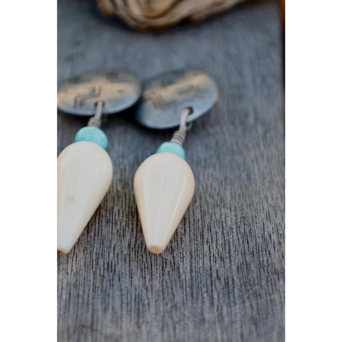 Ben-Amun Signed Southwest Etched Disc Clip-On Earrings Turquoise Bone Drop Dangle Vintage