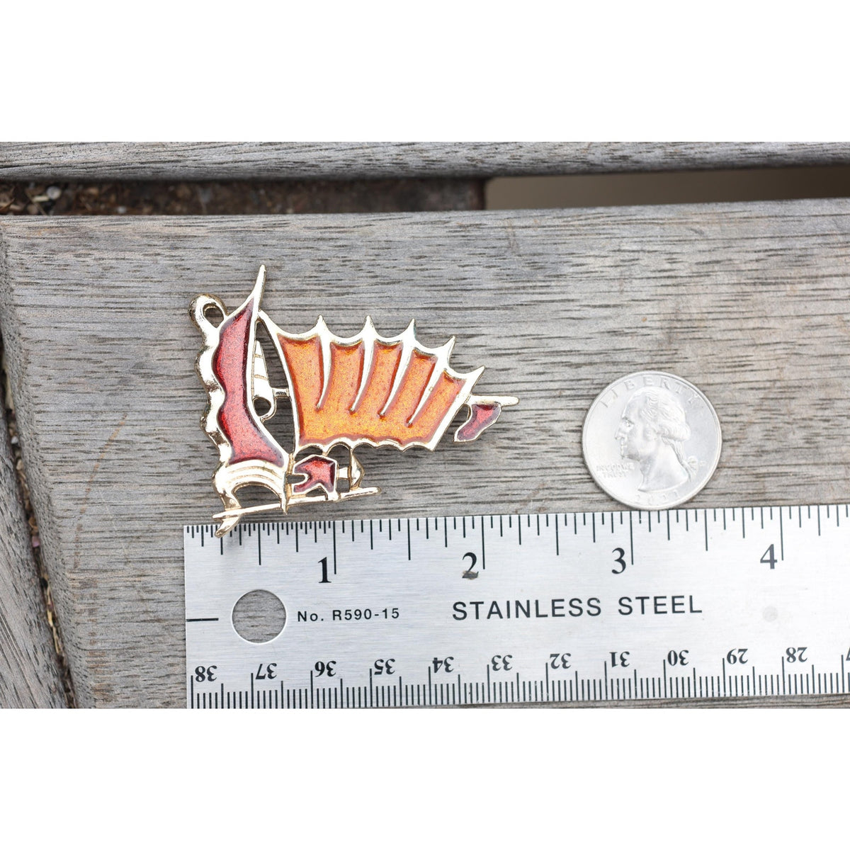 Sarah Coventry Enamel Figural Ship Brooch, Vintage Signed Nautical Sailboat Pin, Gold Tone