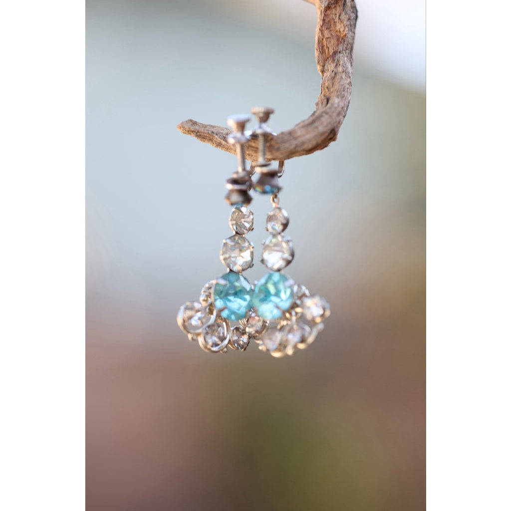 Vintage Aqua Rhinestone Screwback Dangle Earrings Mid Century Silver Tone