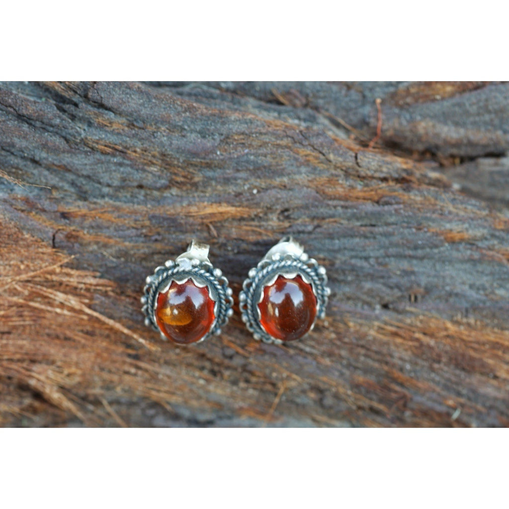 Amber Cabochon Sterling Silver Stud Earrings Vintage Ornate Filigree Bezel