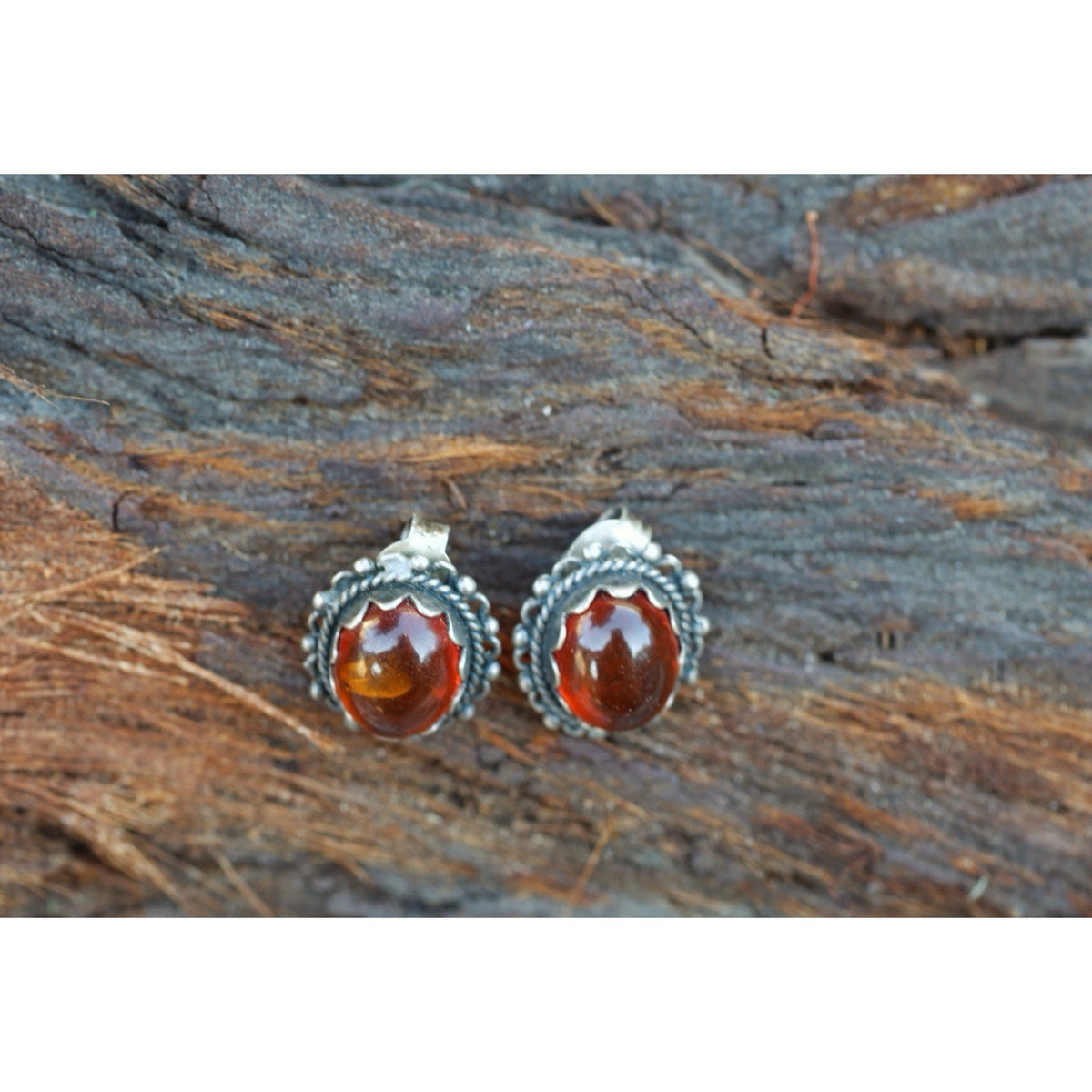 Amber Cabochon Sterling Silver Stud Earrings Vintage Ornate Filigree Bezel