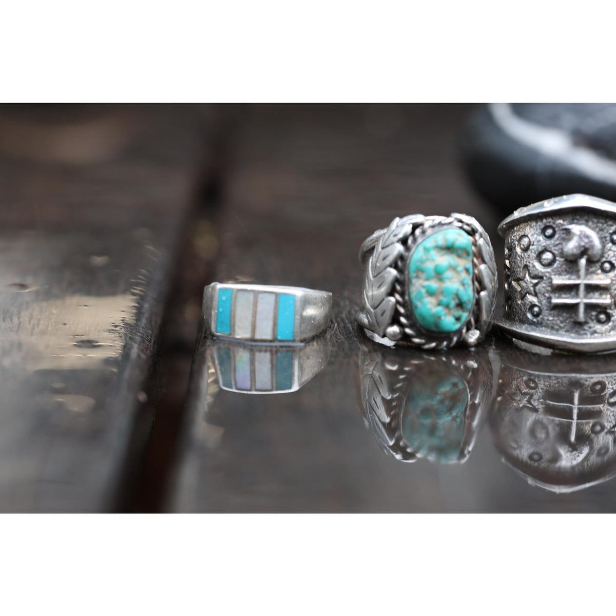 Vintage Zuni Style Sterling Silver Turquoise Mother of Pearl Channel Inlay Band Ring, Mens Southwest Tapered Band, Size 11.75