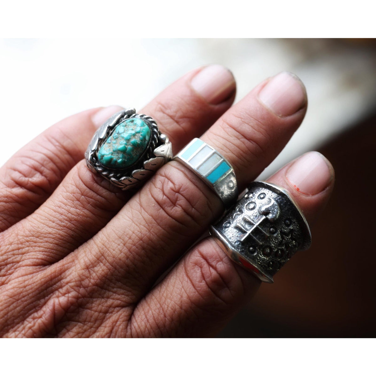 Vintage Southwest Sterling Silver Turquoise Leaf Ring Size 10.25 | Heavy 15.6g Men’s Ring | Navajo Style Split Shank | Hand Carved Leaves