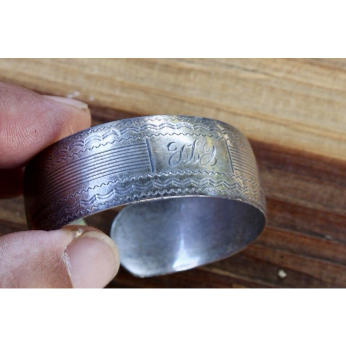 Victorian Sterling Silver Wide Cuff Bracelet Engine Turned Engraving Stamped MB