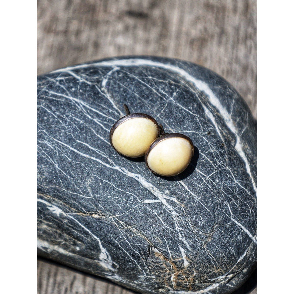 Cream Cabochon Stud Earrings Sterling Silver Ivory Color Dome Round Boho