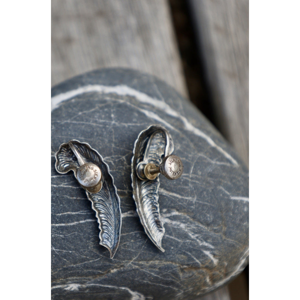 Sterling Silver Feather Earrings Vintage Carved Wing Design Pierced Studs
