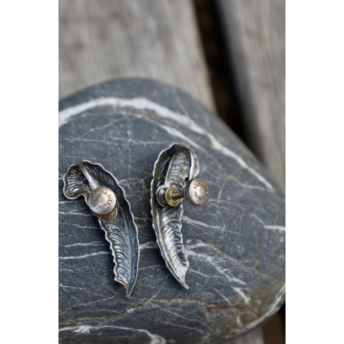 Sterling Silver Feather Earrings Vintage Carved Wing Design Pierced Studs