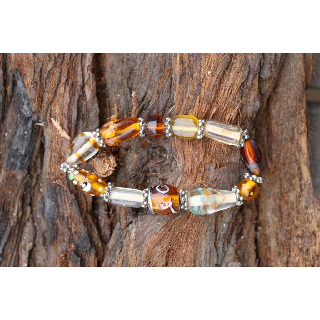 Vintage Lampwork Art Glass Bead Bracelet Amber Millefiori Stretch Boho Statement