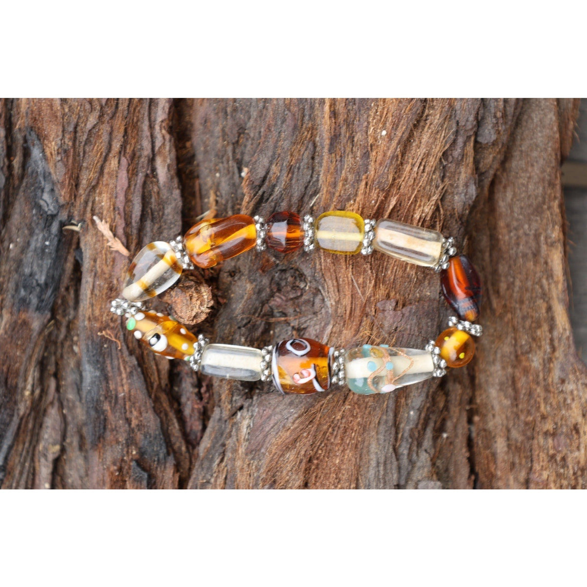 Vintage Lampwork Art Glass Bead Bracelet Amber Millefiori Stretch Boho Statement