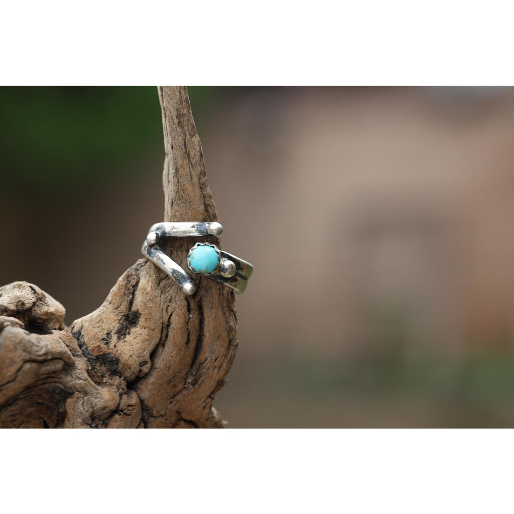 Signed Navajo Sterling Silver Kingman Turquoise Ring Size 4.5, Bypass Wrap Band, Vintage Southwest Silver, OP Hallmark