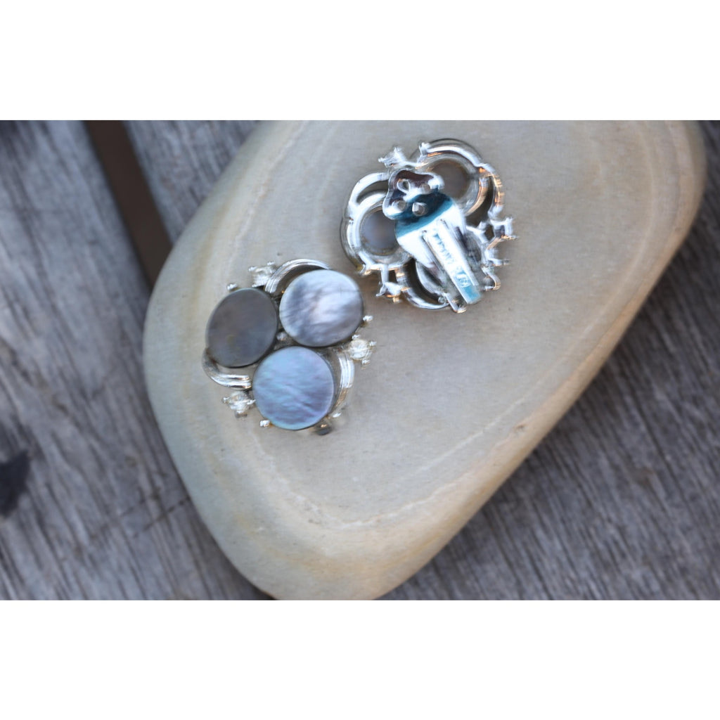 Vintage Lisner Mother of Pearl Clip Earrings | Signed 1950s Silver Tone Cluster | Grey & White Shell Discs with Rhinestones | Mid Century
