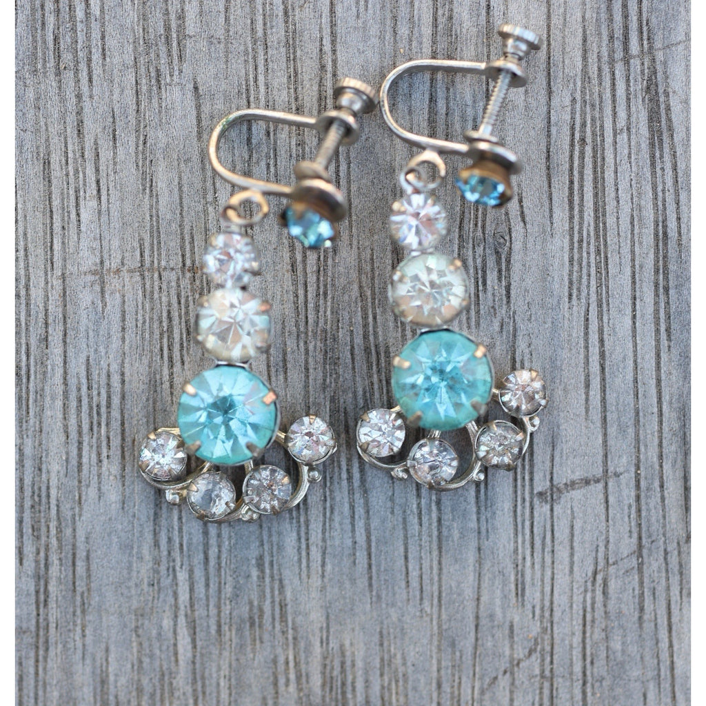 Vintage Aqua Rhinestone Screwback Dangle Earrings Mid Century Silver Tone
