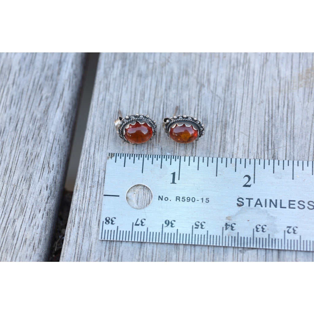 Amber Cabochon Sterling Silver Stud Earrings Vintage Ornate Filigree Bezel