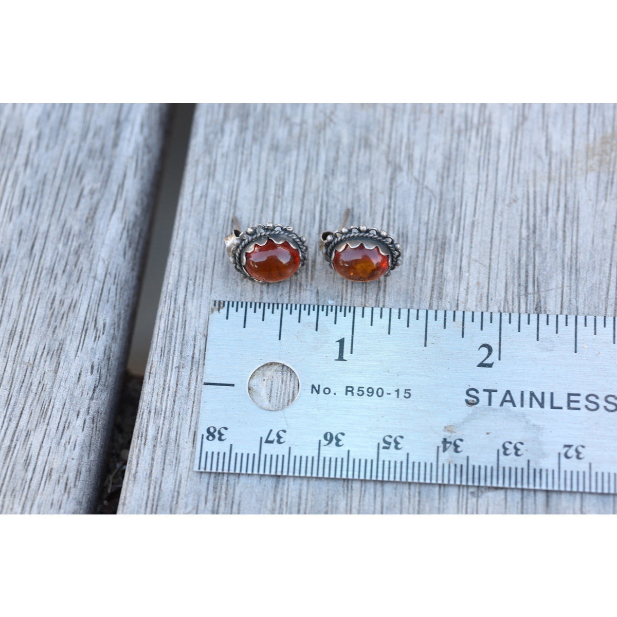Amber Cabochon Sterling Silver Stud Earrings Vintage Ornate Filigree Bezel