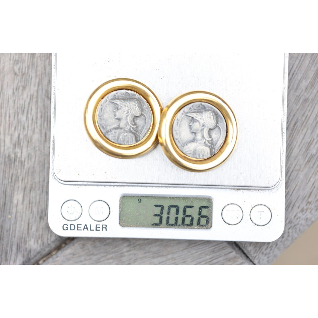 Vintage Ben-Amun Clip Earrings Gold Tone Roman Coin Medallion Warrior Relief 80s