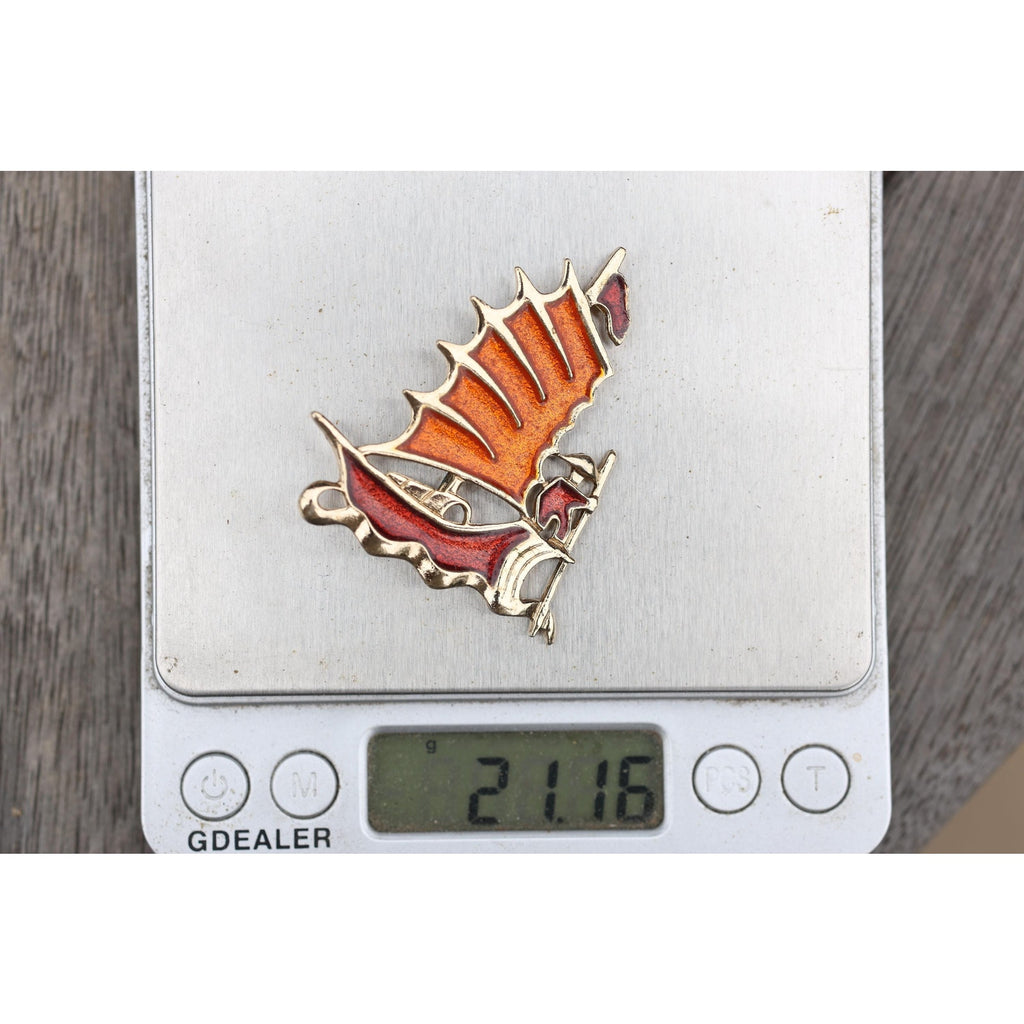 Sarah Coventry Enamel Figural Ship Brooch, Vintage Signed Nautical Sailboat Pin, Gold Tone