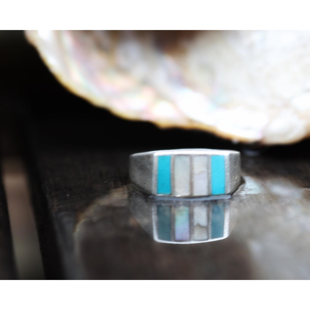 Vintage Zuni Style Sterling Silver Turquoise Mother of Pearl Channel Inlay Band Ring, Mens Southwest Tapered Band, Size 11.75