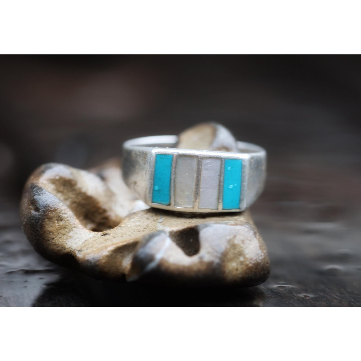 Vintage Zuni Style Sterling Silver Turquoise Mother of Pearl Channel Inlay Band Ring, Mens Southwest Tapered Band, Size 11.75