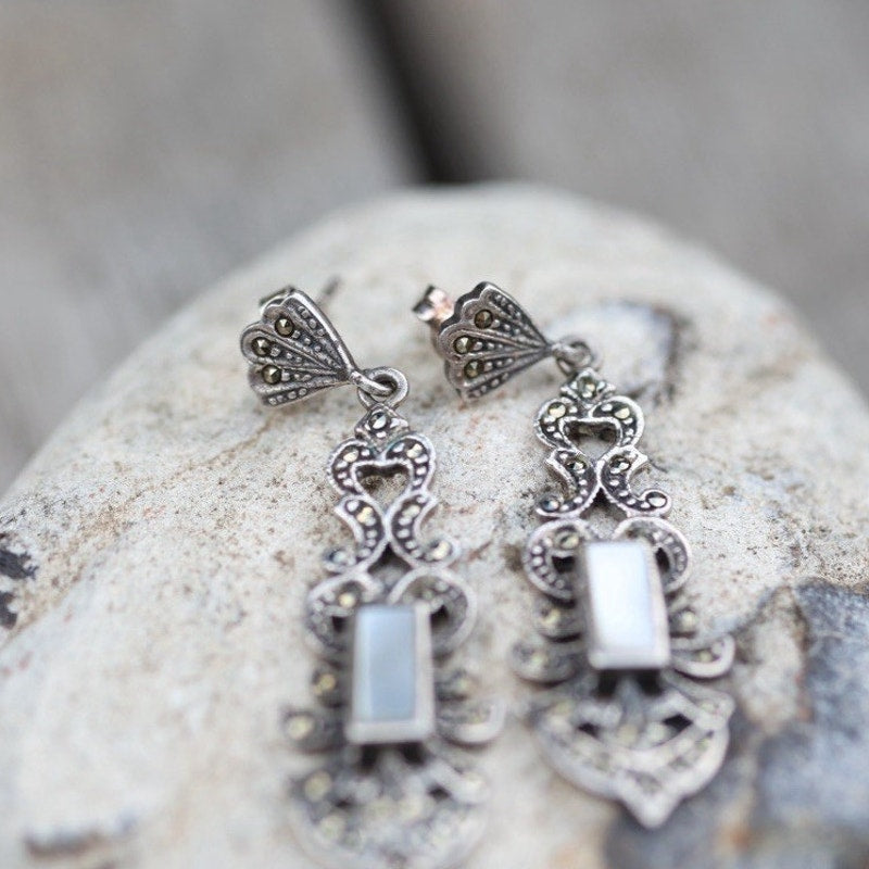 Marcasite Mother of Pearl Earrings Sterling Silver Art Deco Vintage Drop Dangle