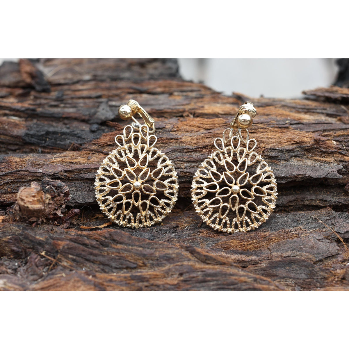 Sarah Coventry Gold Tone Filigree Clip On Earrings, Large Round Starburst Statement Earrings, Signed SarahCov, Vintage 1960s 70s