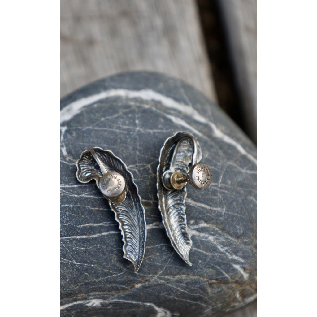 Sterling Silver Feather Earrings Vintage Carved Wing Design Pierced Studs