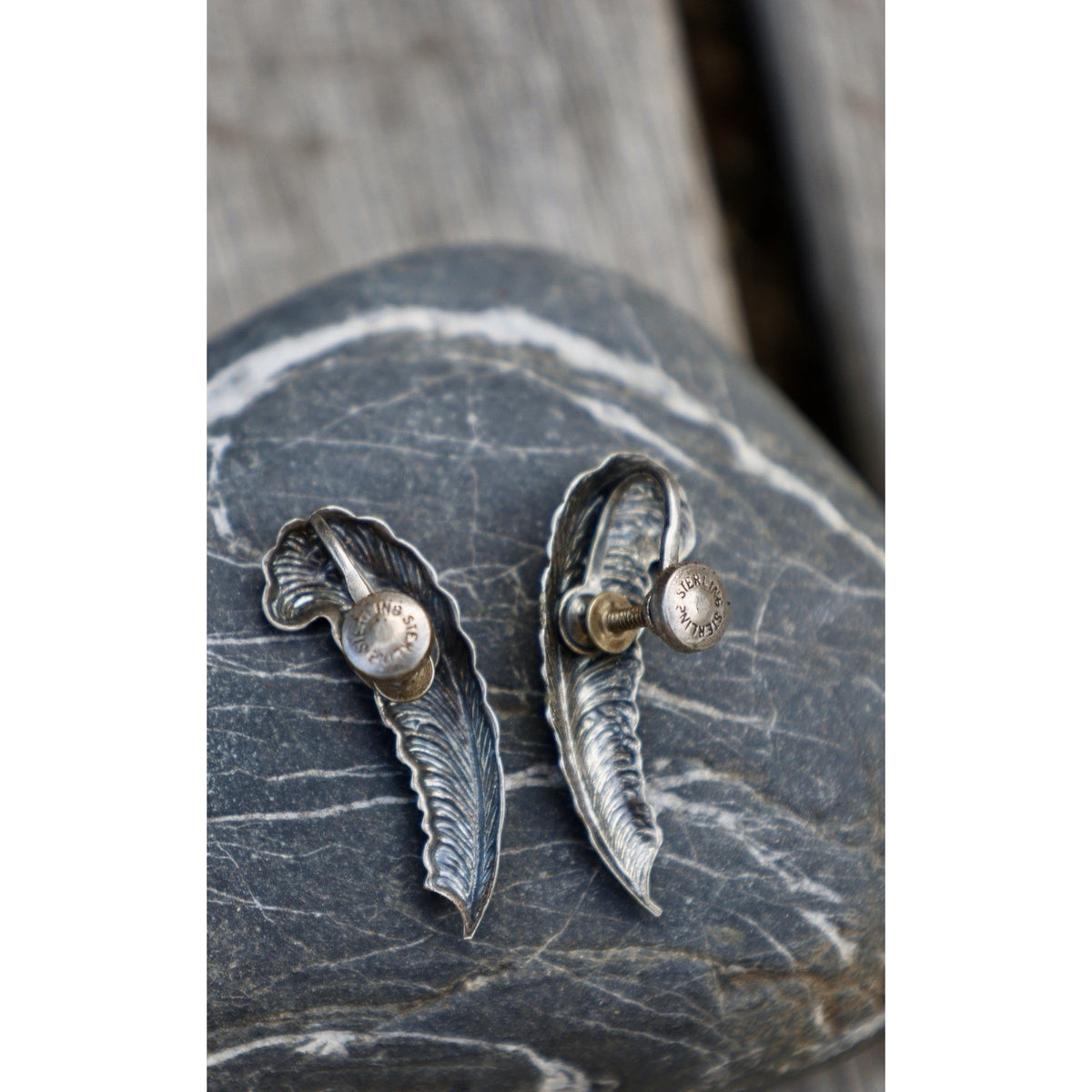 Sterling Silver Feather Earrings Vintage Carved Wing Design Pierced Studs