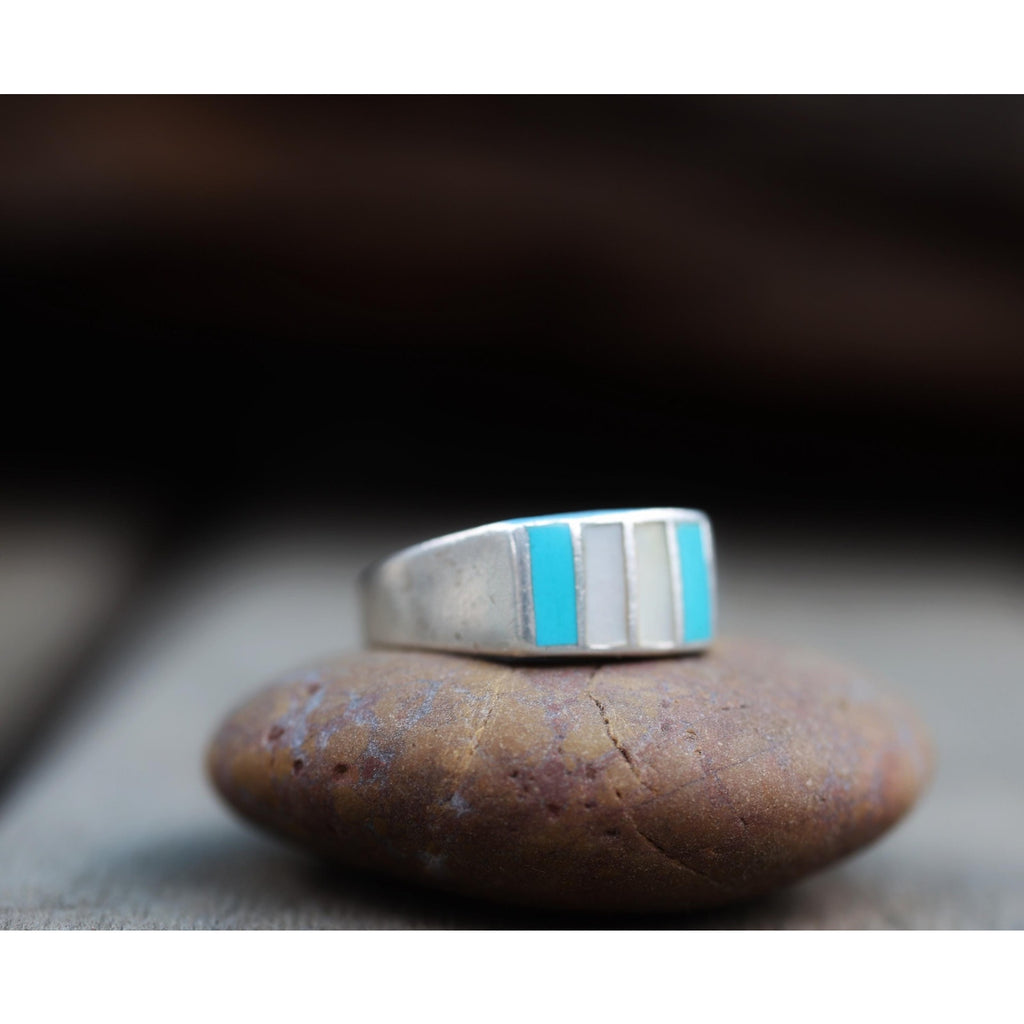 Vintage Zuni Style Sterling Silver Turquoise Mother of Pearl Channel Inlay Band Ring, Mens Southwest Tapered Band, Size 11.75