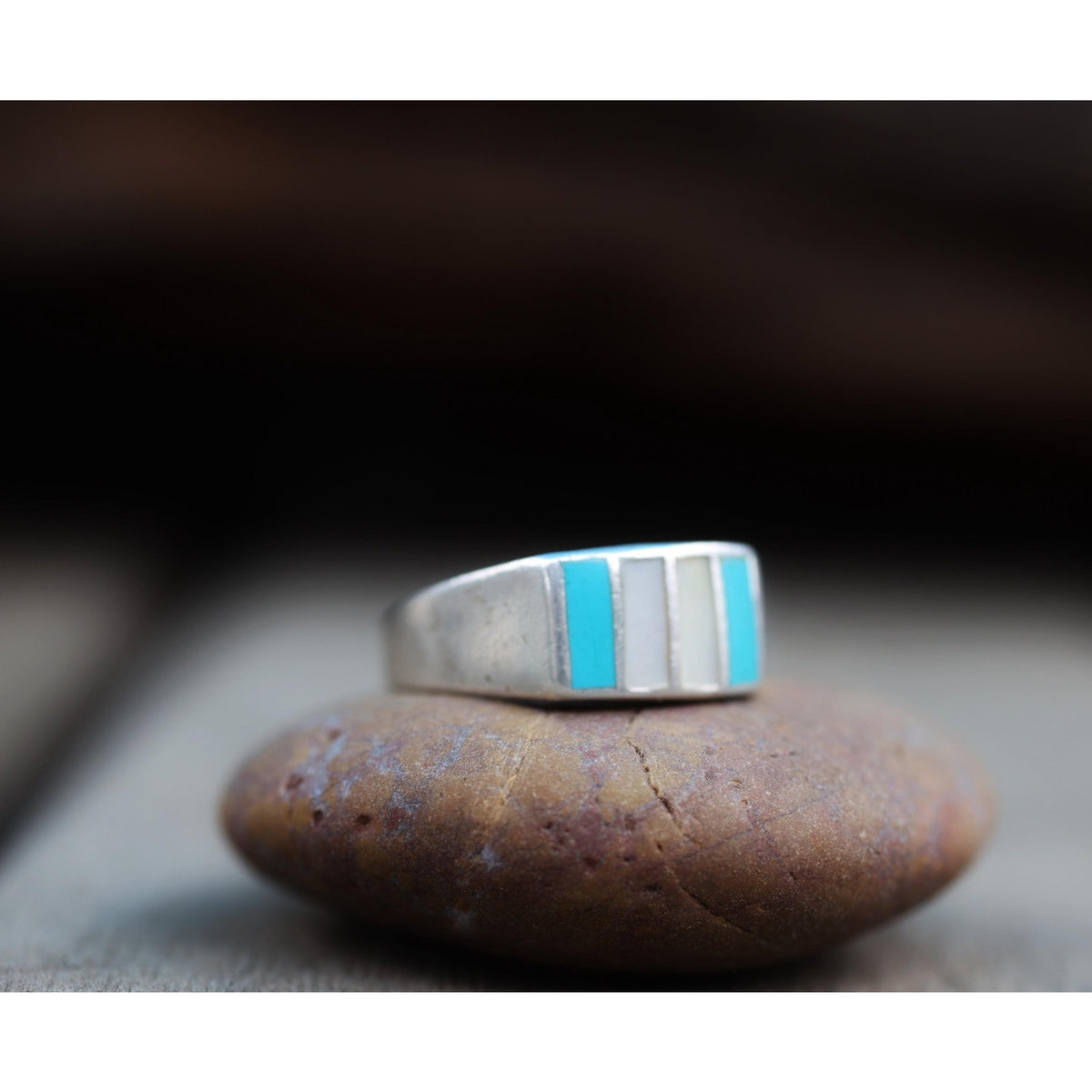Vintage Zuni Style Sterling Silver Turquoise Mother of Pearl Channel Inlay Band Ring, Mens Southwest Tapered Band, Size 11.75