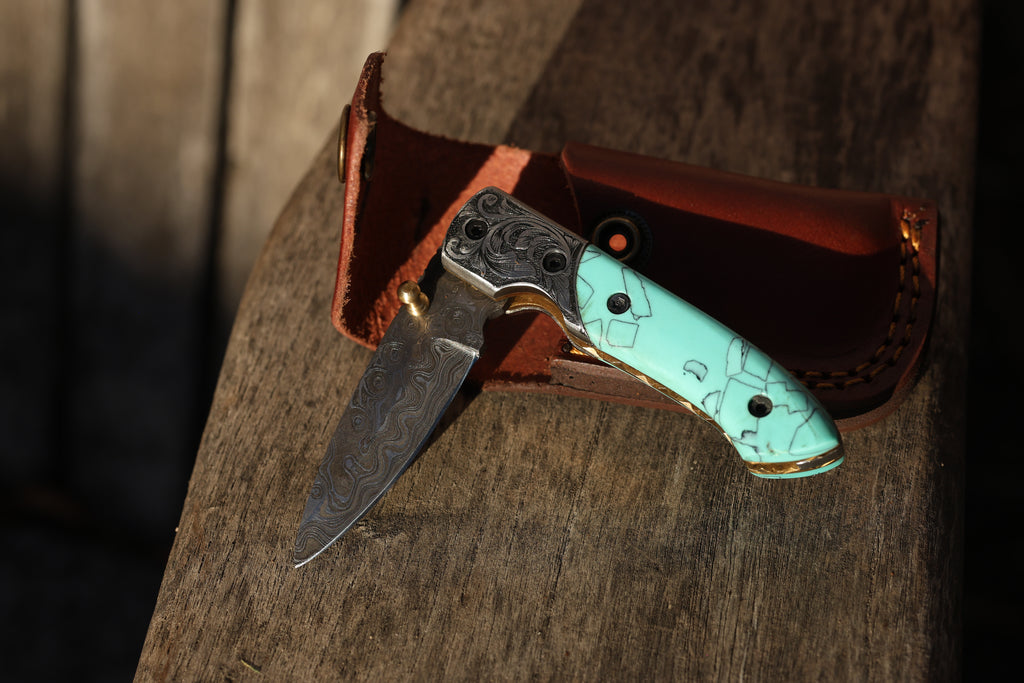 Turquoise Damascus Folding Knife – Hand Engraved Bolster