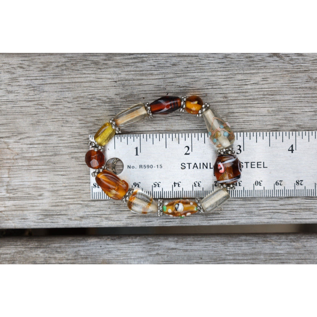 Vintage Lampwork Art Glass Bead Bracelet Amber Millefiori Stretch Boho Statement