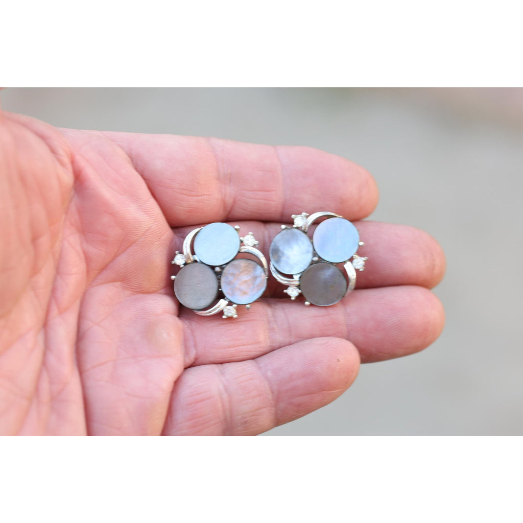Vintage Lisner Mother of Pearl Clip Earrings | Signed 1950s Silver Tone Cluster | Grey & White Shell Discs with Rhinestones | Mid Century