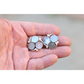 Vintage Lisner Mother of Pearl Clip Earrings | Signed 1950s Silver Tone Cluster | Grey & White Shell Discs with Rhinestones | Mid Century