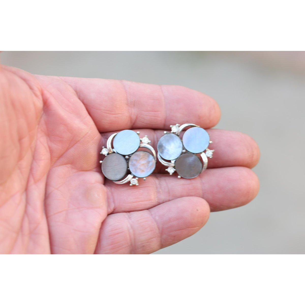 Vintage Lisner Mother of Pearl Clip Earrings | Signed 1950s Silver Tone Cluster | Grey & White Shell Discs with Rhinestones | Mid Century