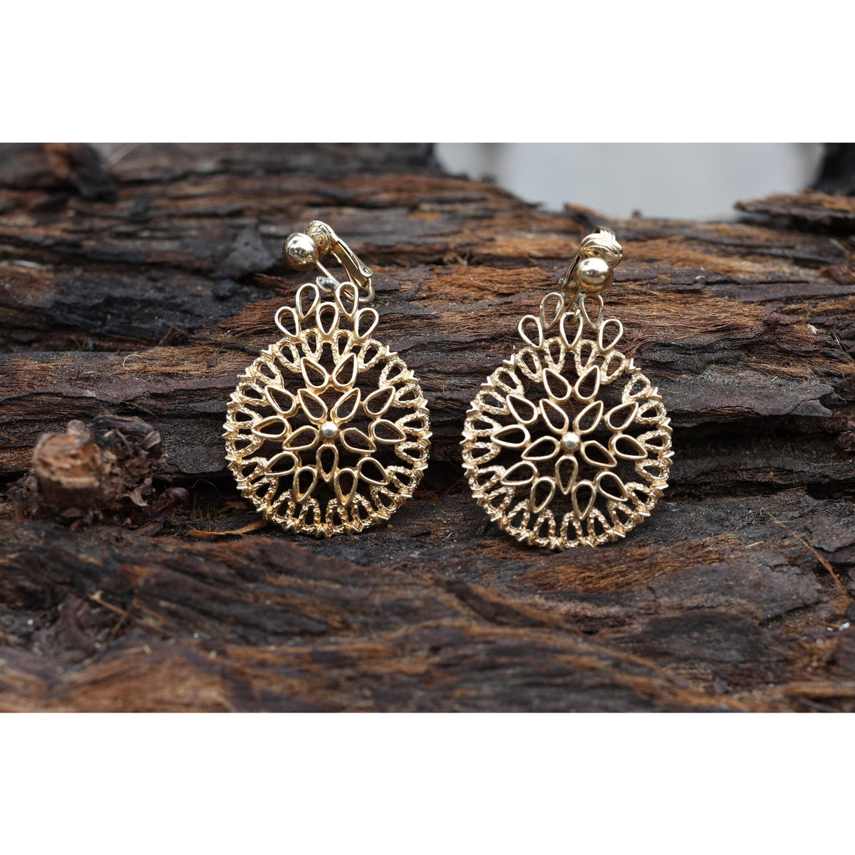 Sarah Coventry Gold Tone Filigree Clip On Earrings, Large Round Starburst Statement Earrings, Signed SarahCov, Vintage 1960s 70s