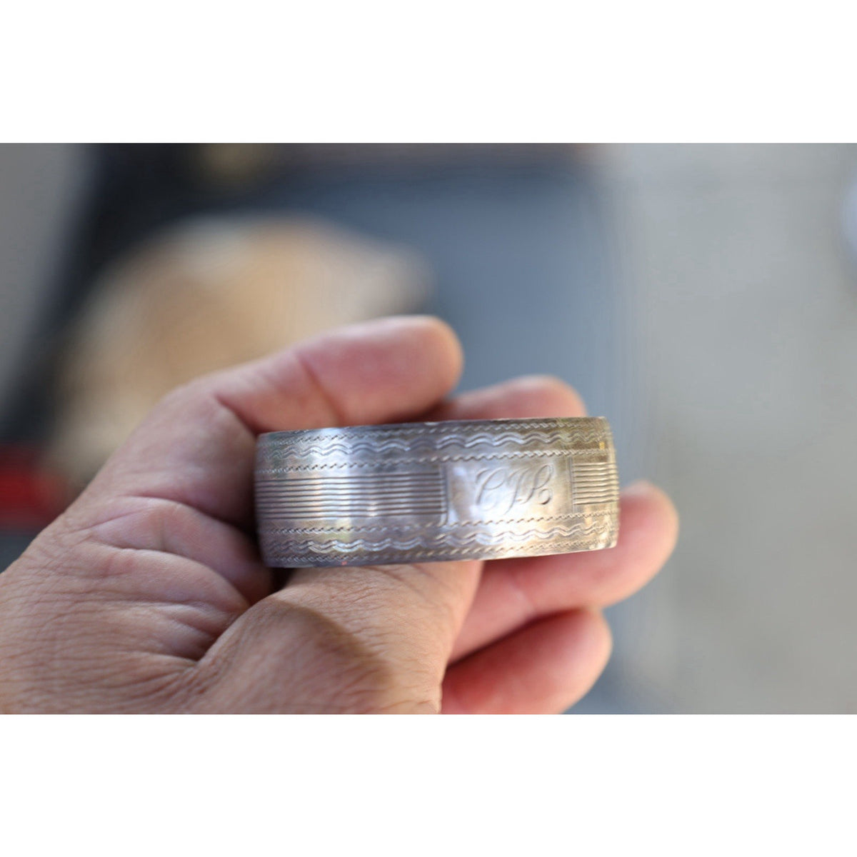 Victorian Sterling Silver Wide Cuff Bracelet Engine Turned Engraving Stamped MB