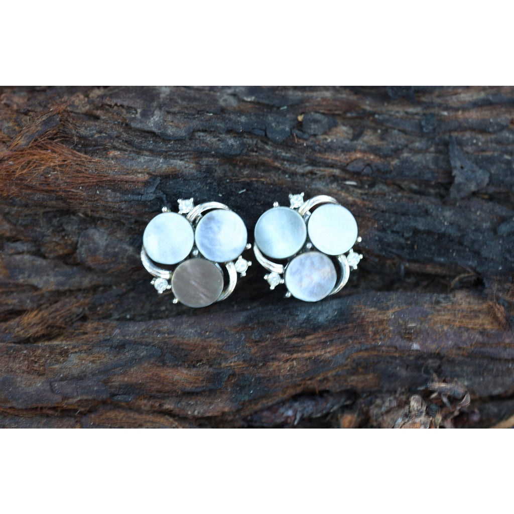 Vintage Lisner Mother of Pearl Clip Earrings | Signed 1950s Silver Tone Cluster | Grey & White Shell Discs with Rhinestones | Mid Century