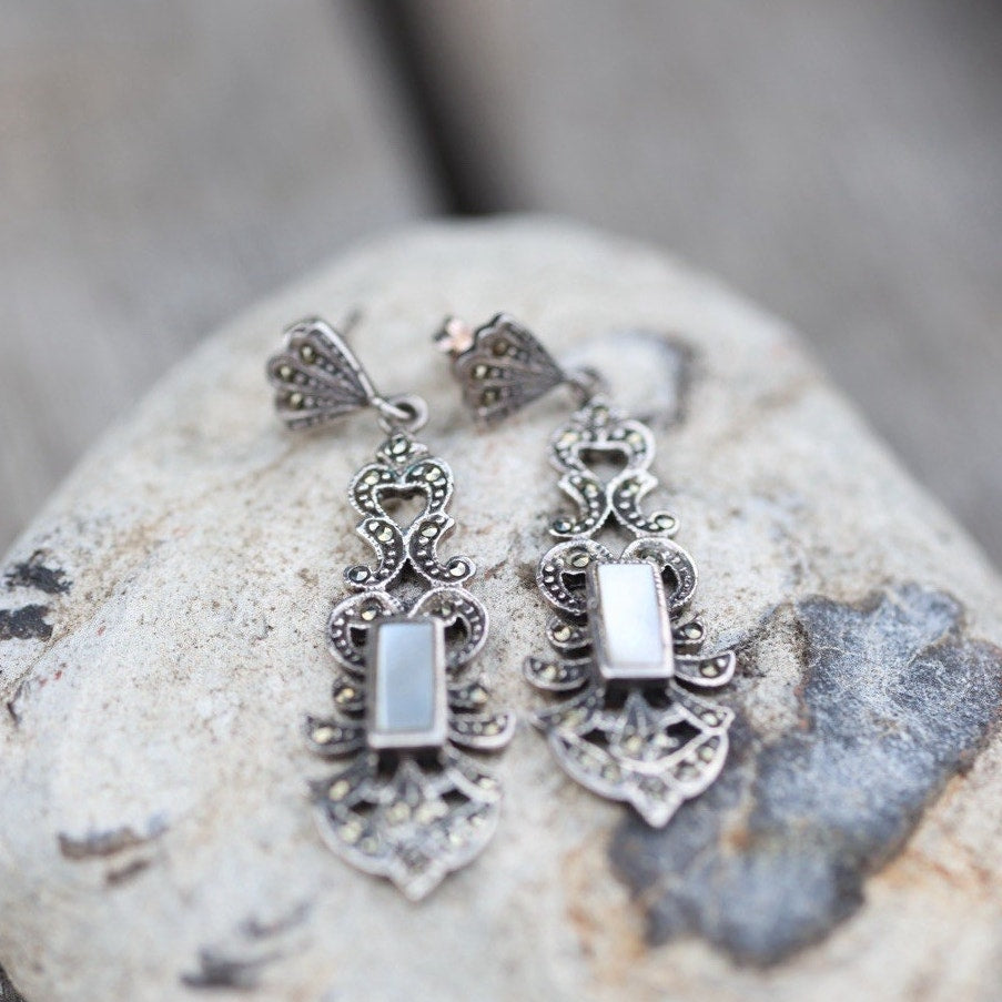 Marcasite Mother of Pearl Earrings Sterling Silver Art Deco Vintage Drop Dangle