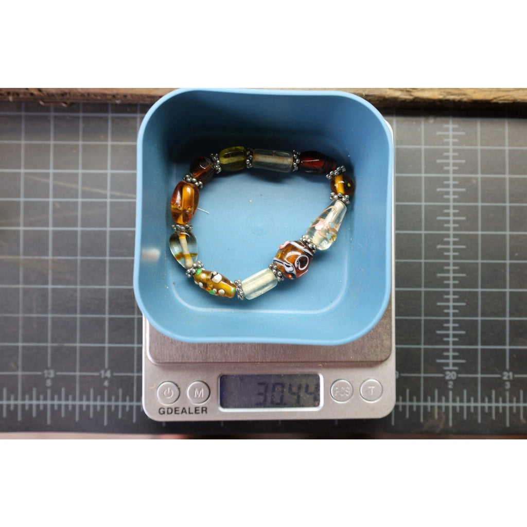 Vintage Lampwork Art Glass Bead Bracelet Amber Millefiori Stretch Boho Statement
