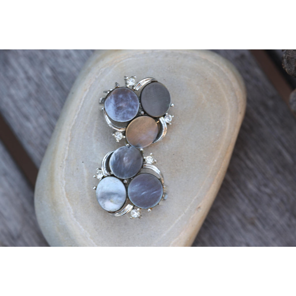 Vintage Lisner Mother of Pearl Clip Earrings | Signed 1950s Silver Tone Cluster | Grey & White Shell Discs with Rhinestones | Mid Century