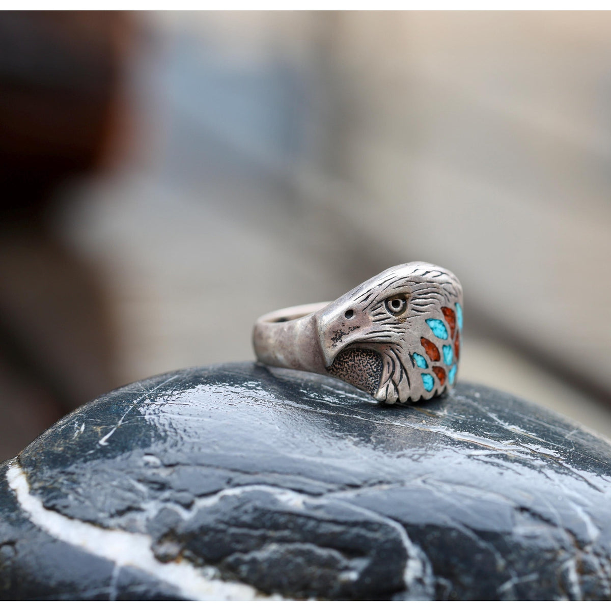 Sterling Silver Eagle Head Ring, Turquoise Coral Chip Inlay, Size 12