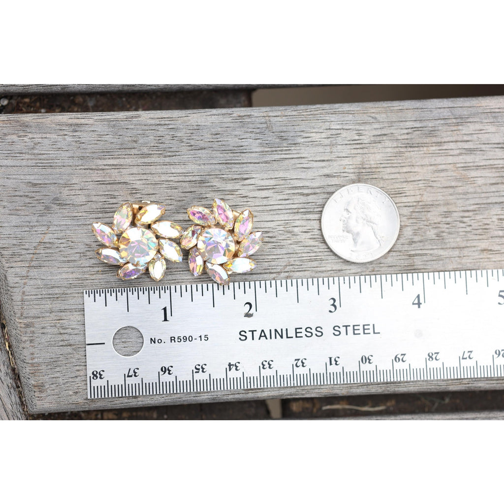 Vintage 1940s Rhinestone Navette Clip Earrings, Aurora Borealis Flower Cluster, Unsigned Estate Jewelry